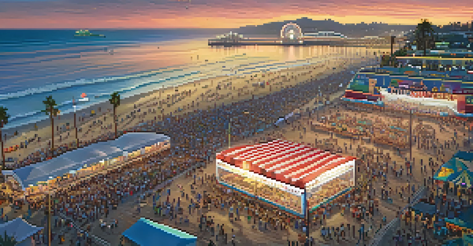 Aerial view of Santa Monica Pier during a music festival, showcasing a vibrant crowd and the ocean.