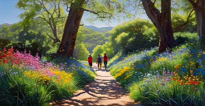 A beautiful spring landscape in Santa Monica with hikers on a trail surrounded by vibrant wildflowers and lush greenery under a clear blue sky.