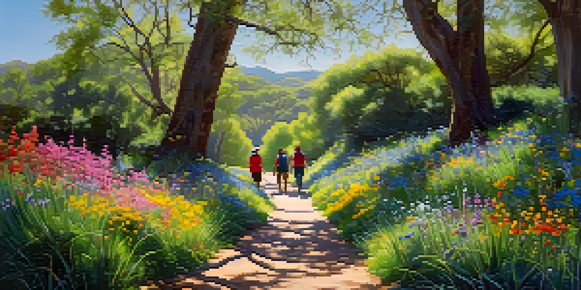 A beautiful spring landscape in Santa Monica with hikers on a trail surrounded by vibrant wildflowers and lush greenery under a clear blue sky.
