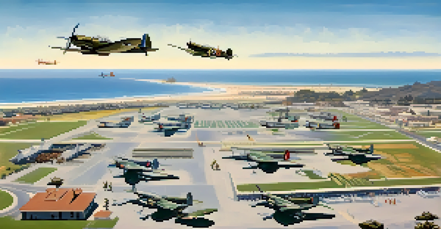 An aerial perspective of Santa Monica Army Air Field during WWII, featuring planes and soldiers with the ocean in the background.