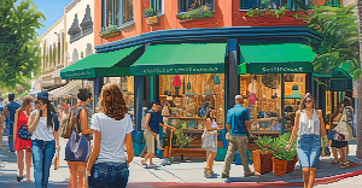 Artisan boutiques with colorful displays and shoppers interacting with artisans amid greenery.