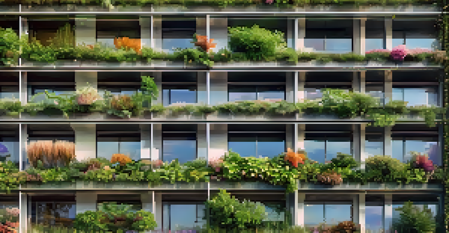 A close-up of a living wall on an eco-friendly building with a variety of plants and flowers, enhanced by soft sunlight.
