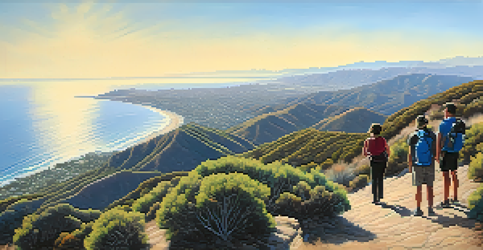 A panoramic view from a mountain summit overlooking the ocean, with hikers in the foreground.