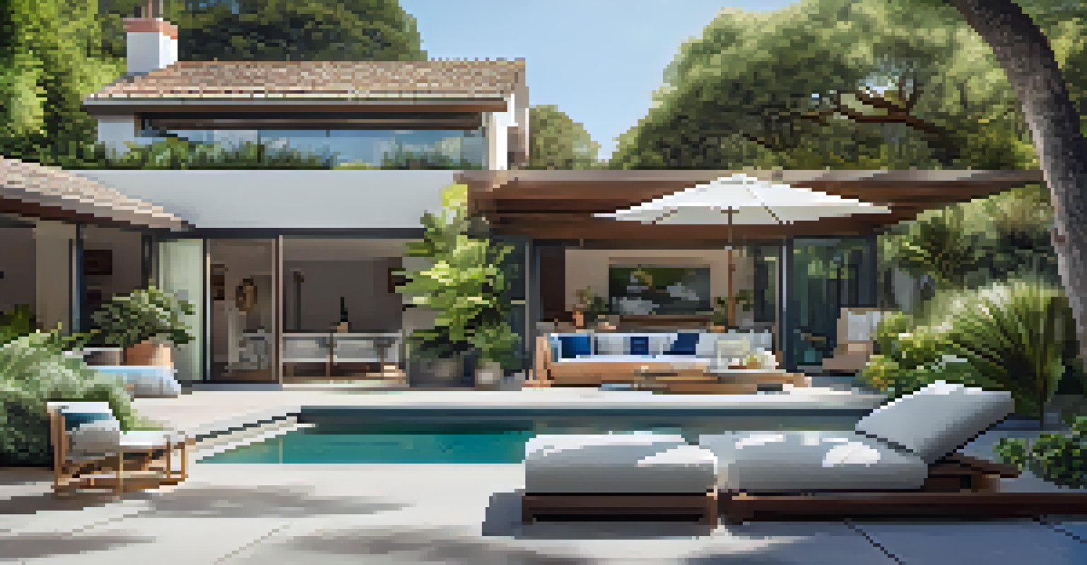 Outdoor living space of a luxury property in Santa Monica, featuring a swimming pool and stylish patio furniture.