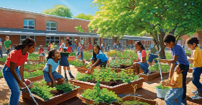 Students of diverse backgrounds planting trees and flowers in a sunny schoolyard, with gardening tools and fresh soil around them.