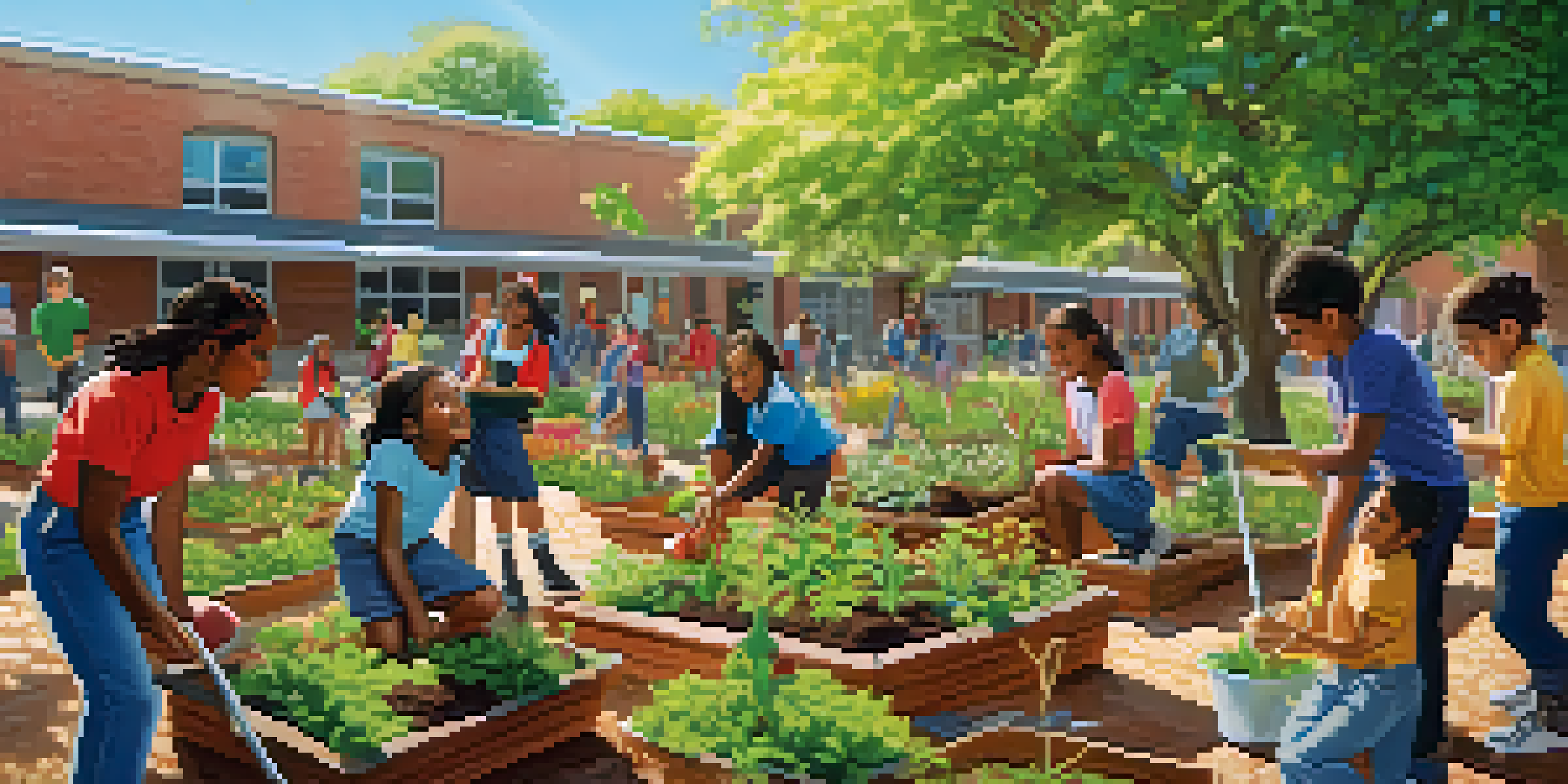 Students of diverse backgrounds planting trees and flowers in a sunny schoolyard, with gardening tools and fresh soil around them.