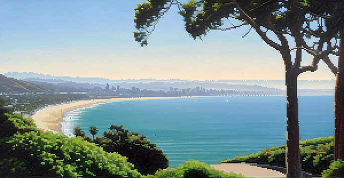 A peaceful view from Palisades Park with greenery in the foreground and the Santa Monica coastline and pier in the distance.