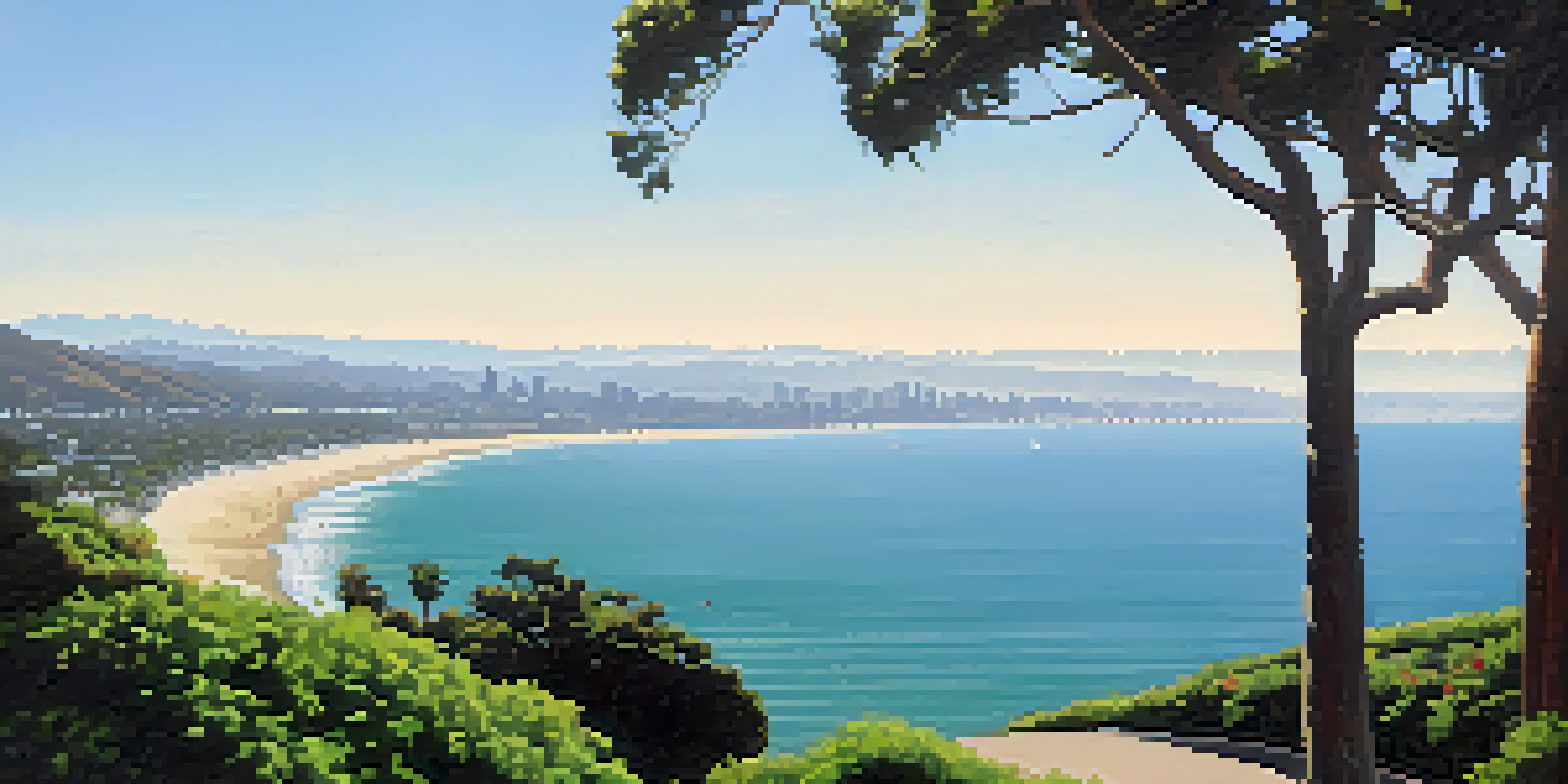 A peaceful view from Palisades Park with greenery in the foreground and the Santa Monica coastline and pier in the distance.