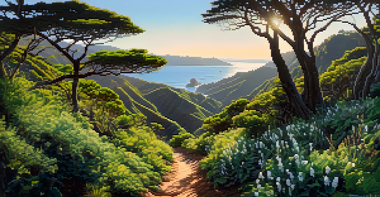 A scenic view from the Los Liones Trail, showing hikers on a lush path with ocean views and sunlight filtering through trees.