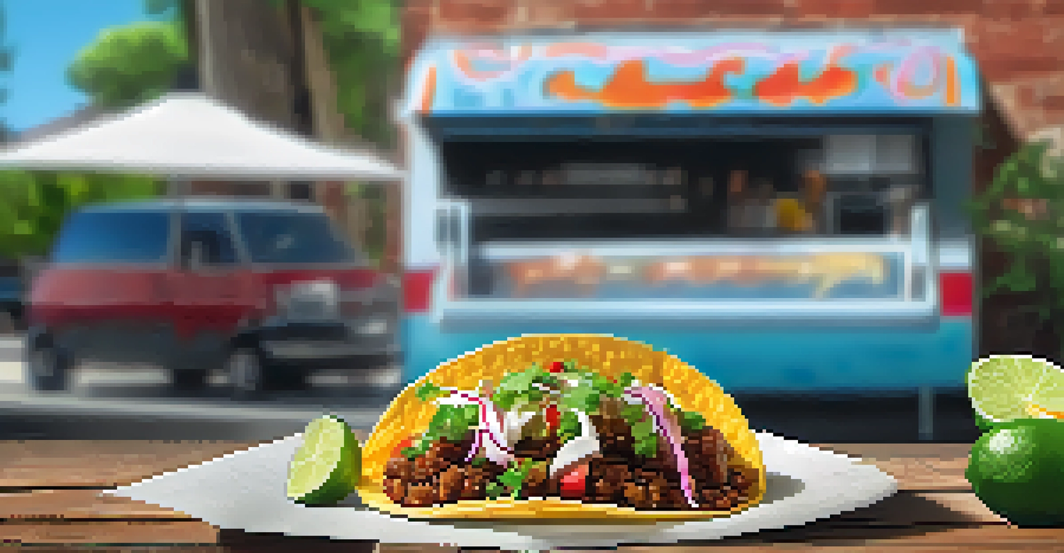 A gourmet taco filled with short rib and fresh ingredients on a wooden table, with a hint of a food truck in the background.