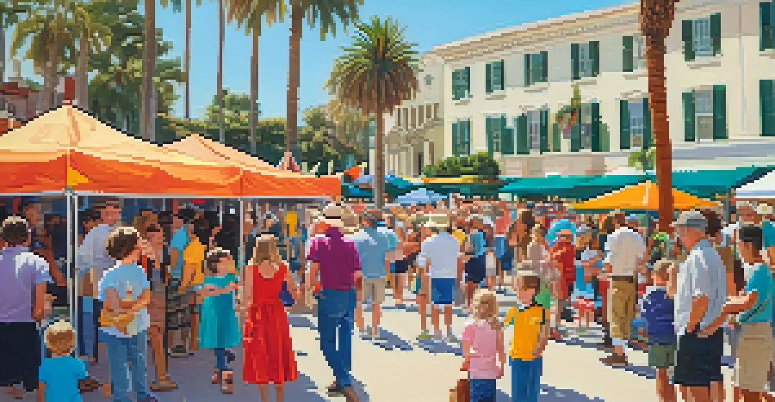 A lively community event at the Santa Monica Historical Society with families and children participating in historical walking tours under sunny skies and palm trees.