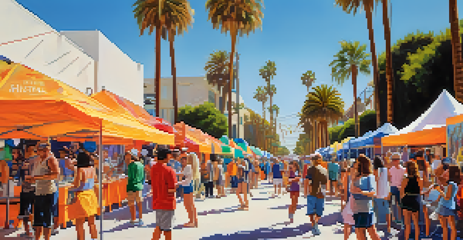 Artists displaying their work at the Santa Monica Arts Festival, featuring colorful installations and performances in a lively outdoor setting.