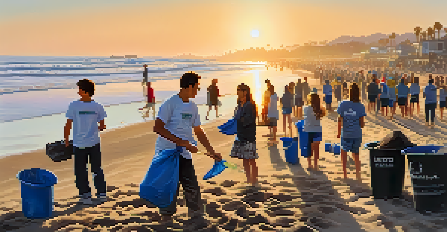 Volunteers participating in a beach clean-up at sunset in Santa Monica, with waves and seagulls in the background.