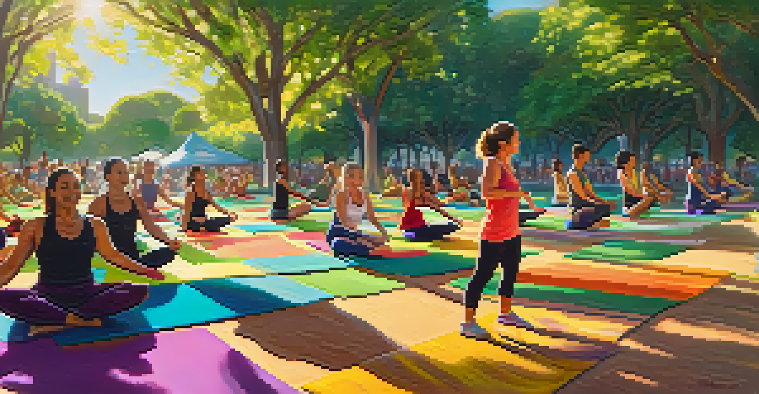 An outdoor yoga class in Santa Monica park with diverse participants practicing on colorful mats under the sun.