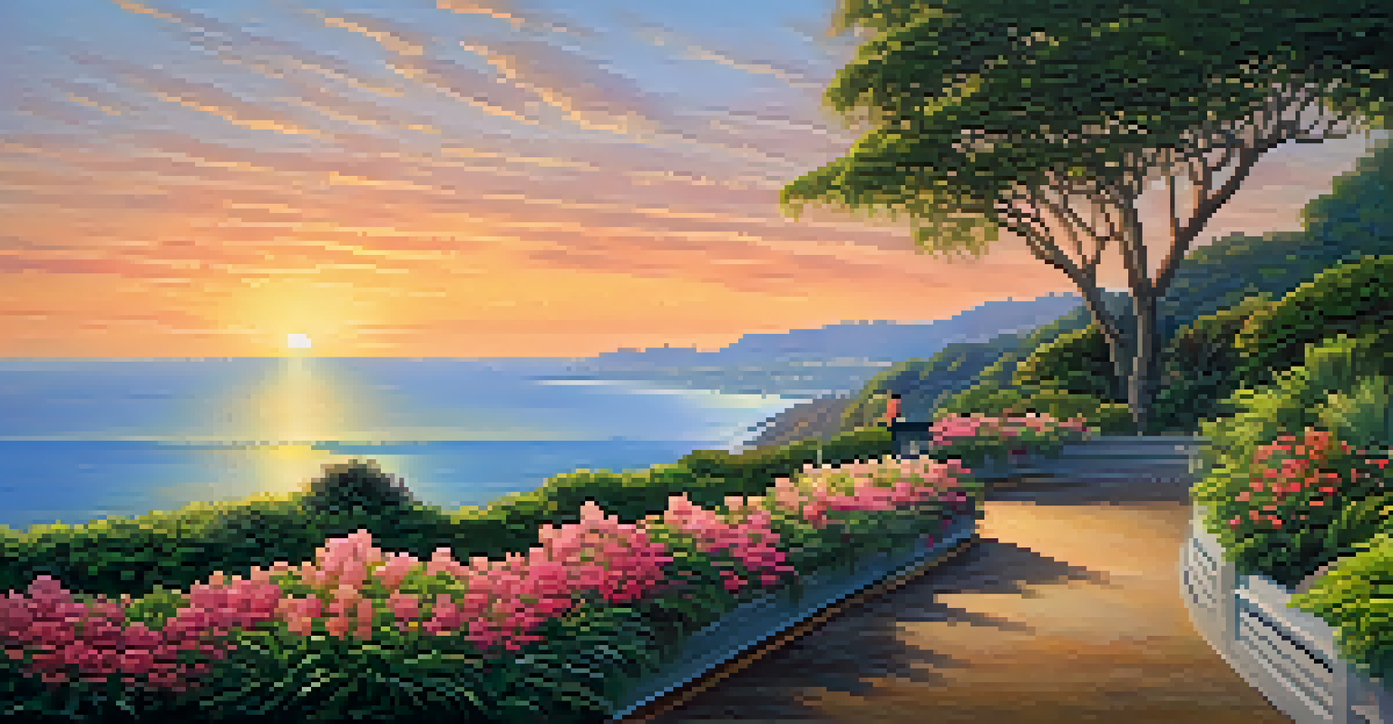 View from Palisades Park with blooming flowers, a couple walking, and a sunset over the ocean.