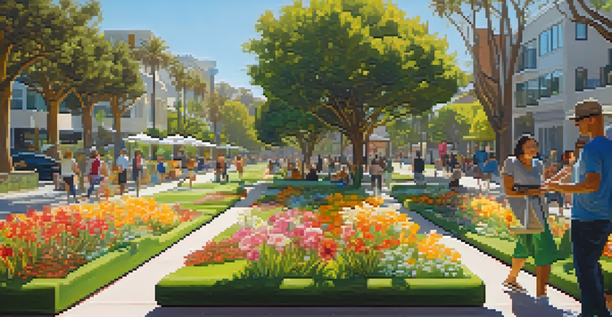 A lively urban park filled with greenery, flowers, and people, with eco-friendly buildings and solar panels in the background under a sunny sky.