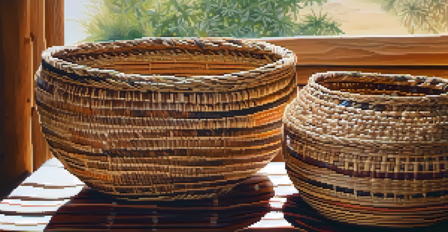 Intricate Chumash baskets in a natural setting, showcasing detailed weaving patterns and textures with soft sunlight.