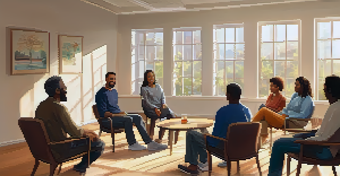 A diverse group of individuals in a cozy community center engaging in a support group meeting, with sunlight streaming through windows.