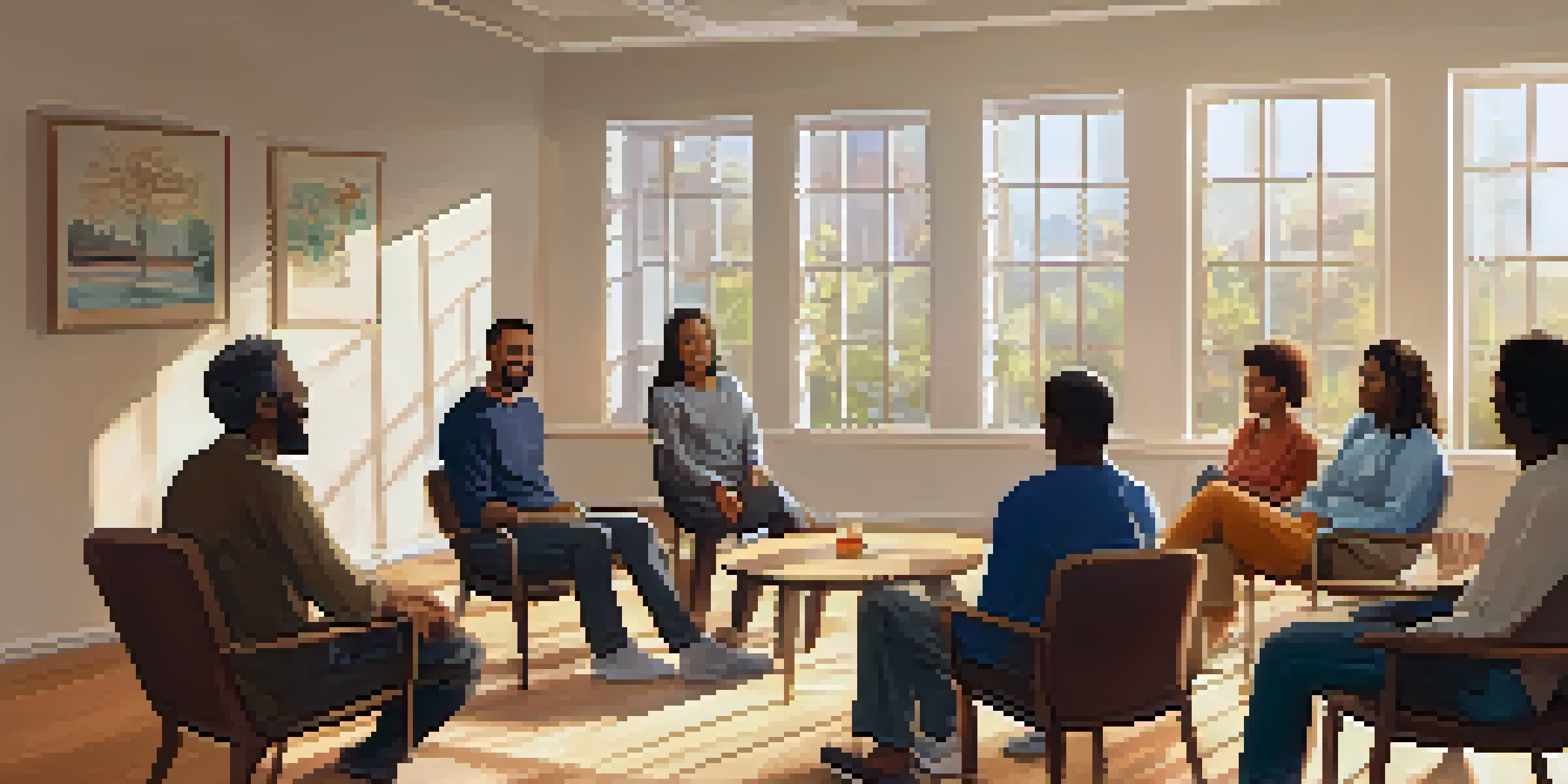 A diverse group of individuals in a cozy community center engaging in a support group meeting, with sunlight streaming through windows.