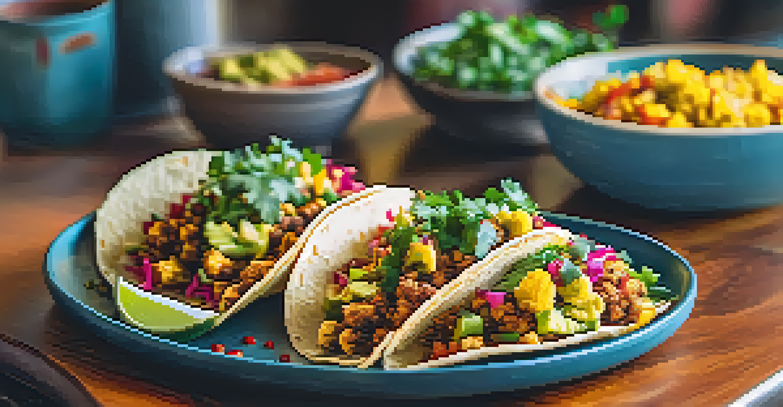 A plate of vegan tacos filled with roasted cauliflower and jackfruit, accompanied by vibrant salsa in a bright restaurant setting.