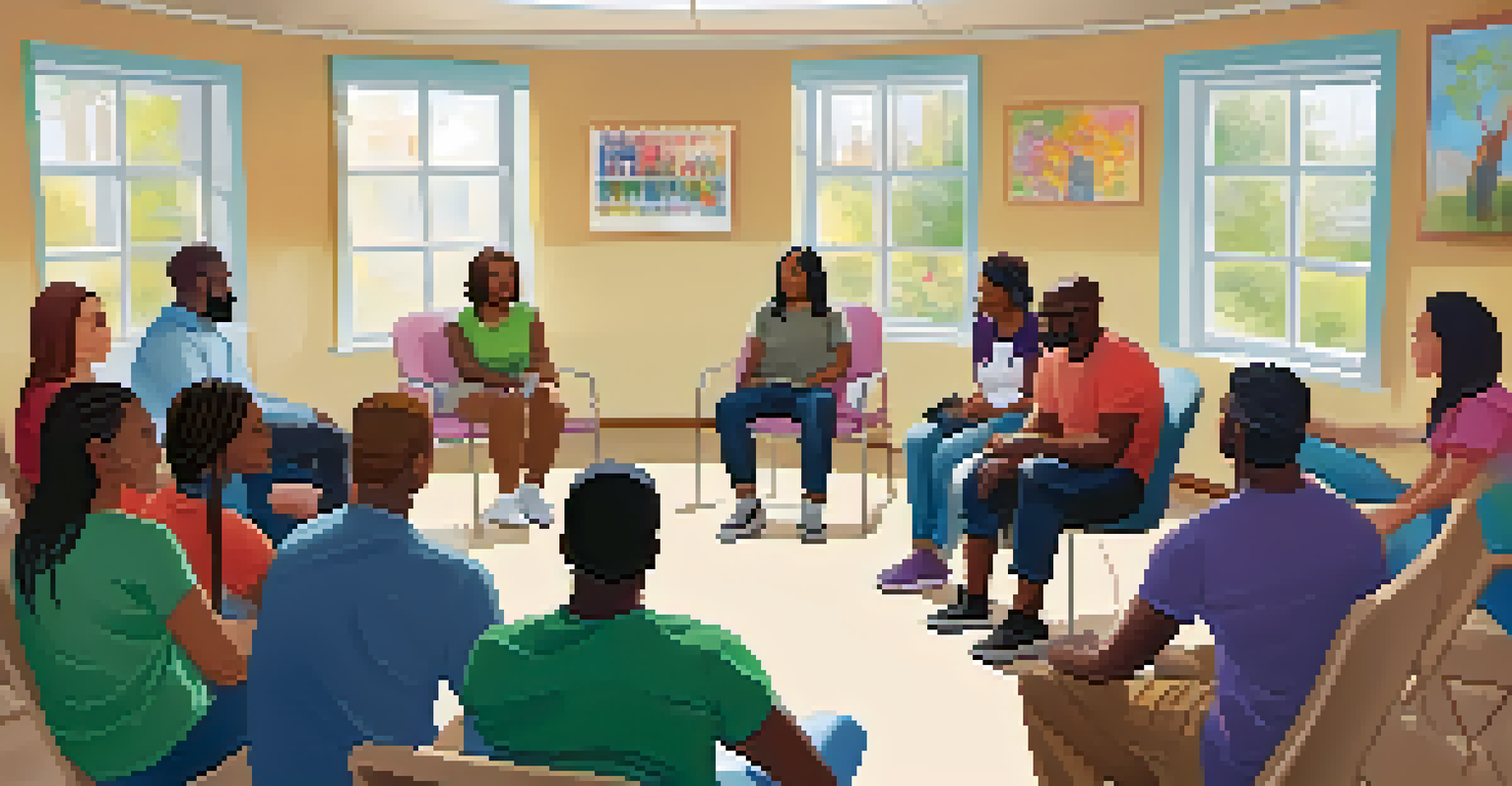 A support group meeting in a community center, with individuals sitting in a circle, sharing and supporting each other.