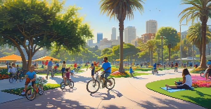 A lively urban park in Santa Monica with families, colorful flowers, and green trees under a clear blue sky.