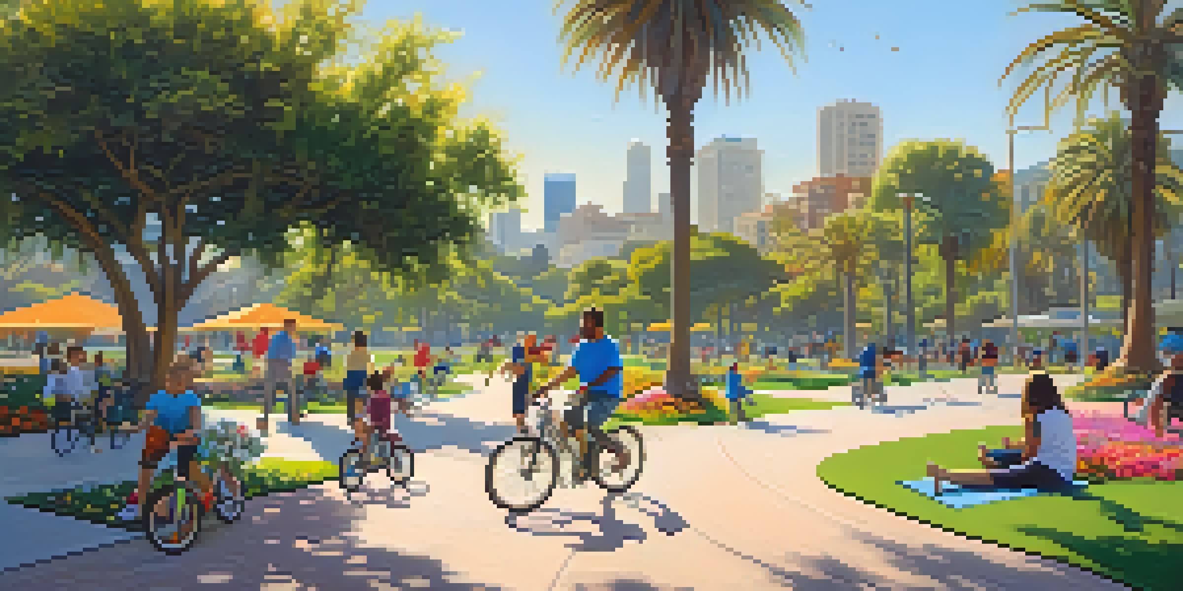 A lively urban park in Santa Monica with families, colorful flowers, and green trees under a clear blue sky.