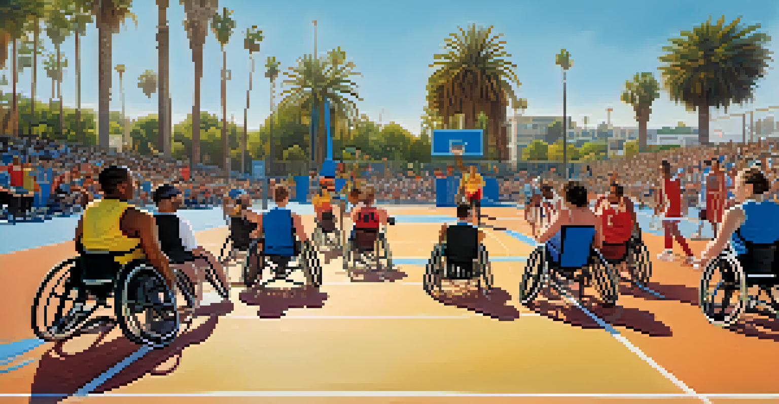 A modern scene of diverse athletes playing adaptive basketball in Santa Monica, highlighting community spirit and inclusivity.