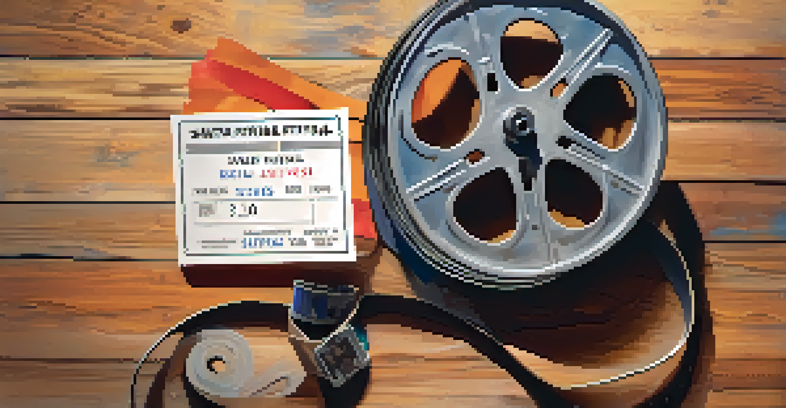 A close-up of a film reel and a ticket for the Santa Monica Film Festival on a rustic wooden table.