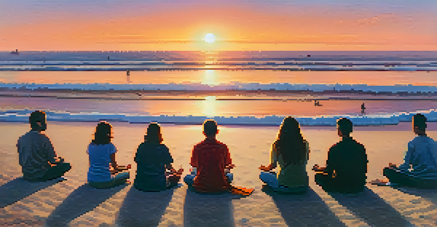 Individuals meditating in a circle on the sand at Santa Monica Beach during sunset, with vibrant colors reflecting in the ocean.