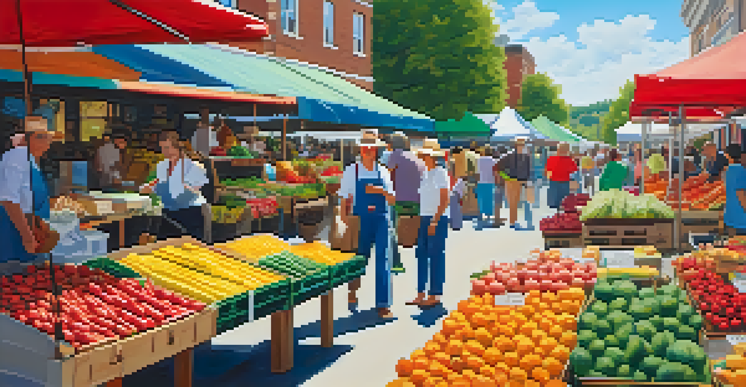 A bustling farmer's market with colorful stalls, fresh produce, and community members enjoying the lively atmosphere.