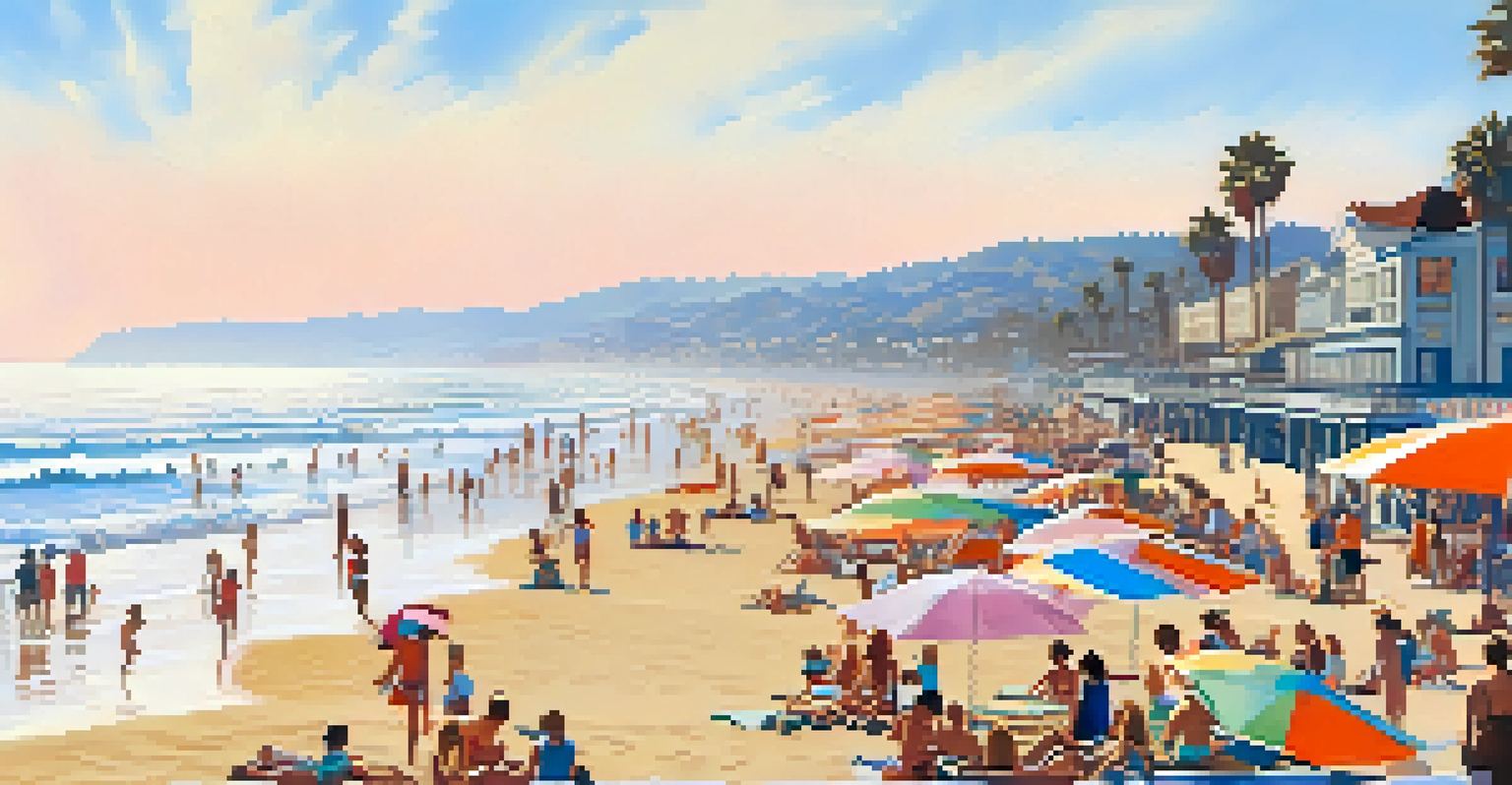 A lively Santa Monica beach scene with families and children playing in the sand, colorful umbrellas, and a vintage pier during a stunning sunset.