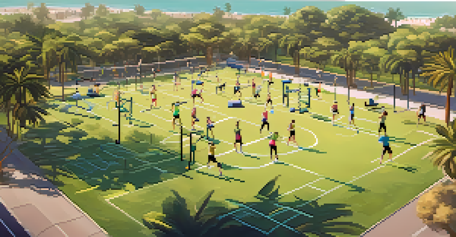 An aerial view of a boot camp session in a Santa Monica park, showing participants at various workout stations surrounded by nature and ocean views.