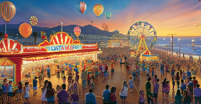 Families enjoying games and music at Santa Monica Pier during sunset.