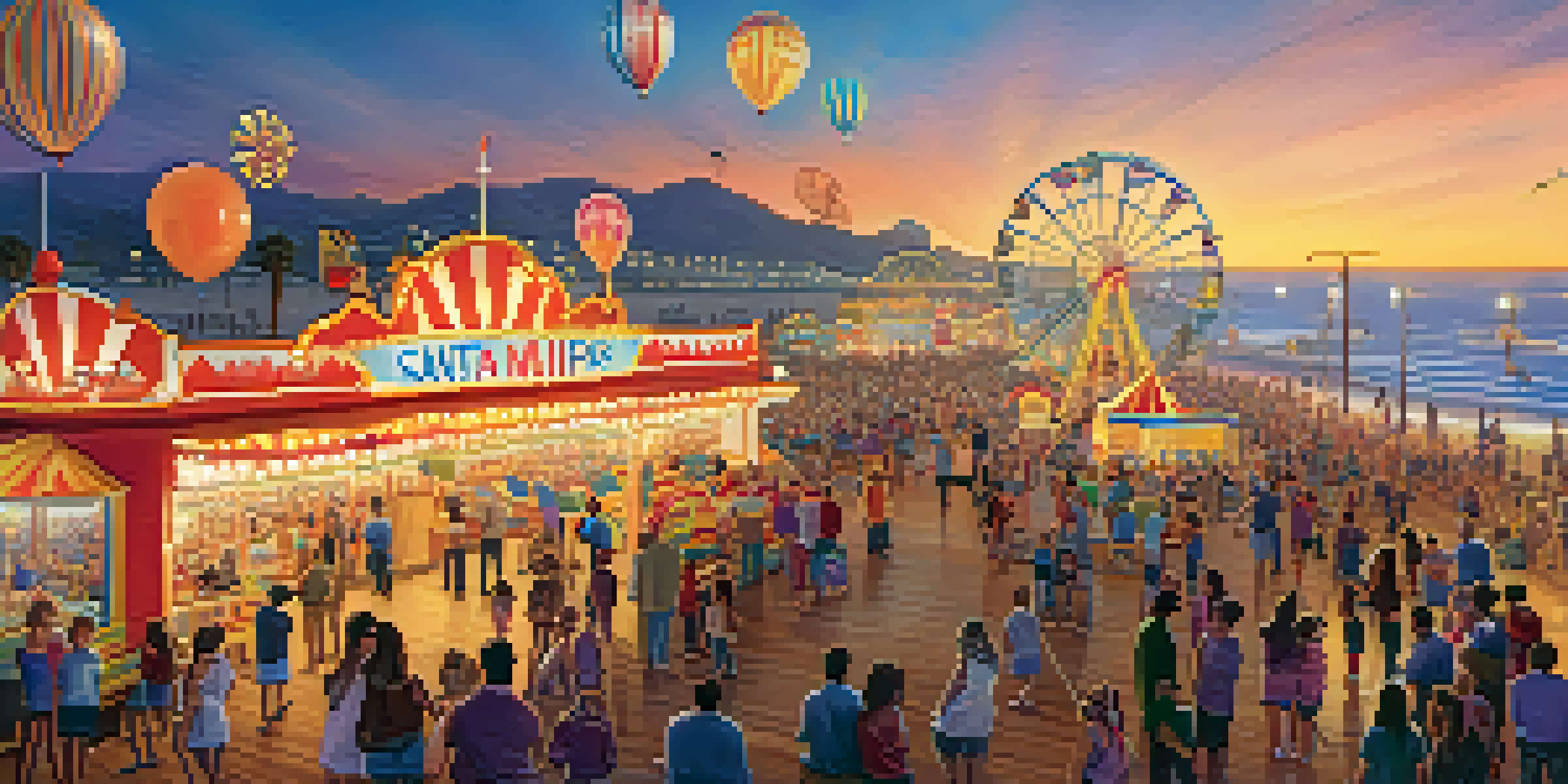 Families enjoying games and music at Santa Monica Pier during sunset.