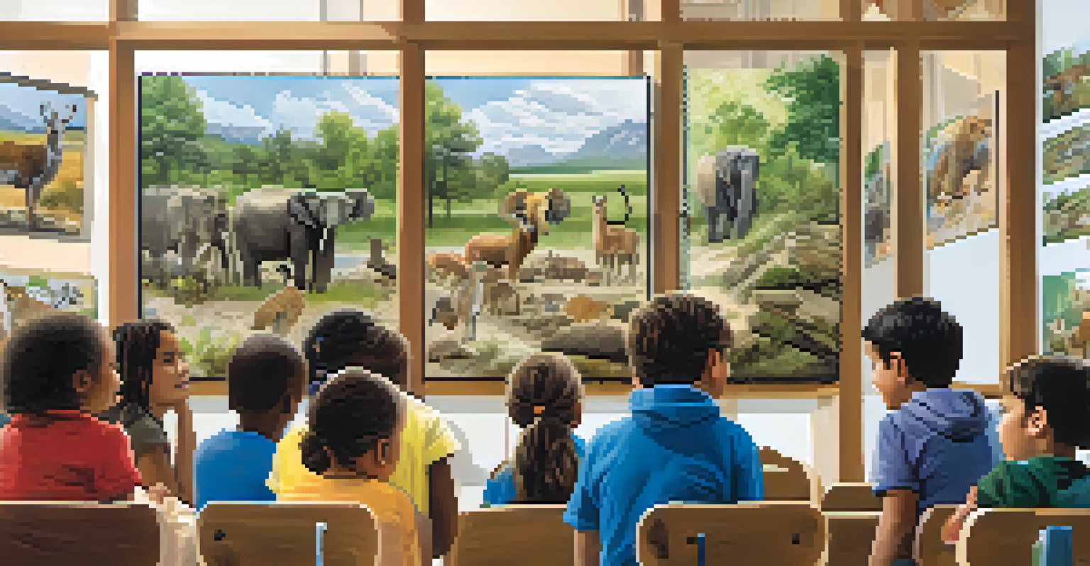 A community workshop focusing on urban wildlife education, featuring diverse participants and informative visuals.