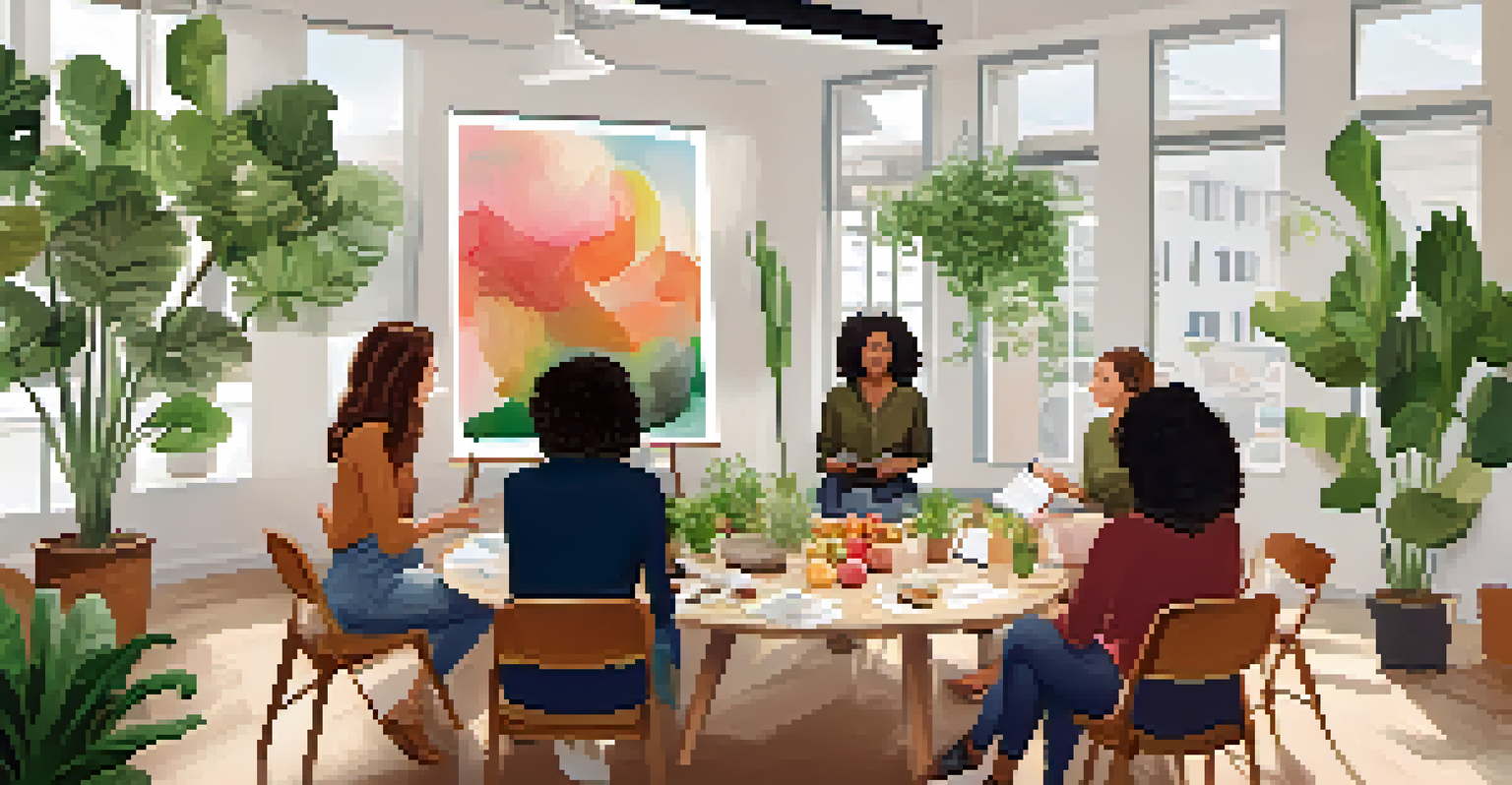 A group workshop led by a health coach focusing on mindful eating, with participants engaged in discussion.