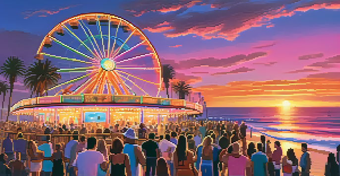 A colorful sunset at Santa Monica Pier with a crowd enjoying a live concert, musicians on stage, and the iconic carousel in the background.
