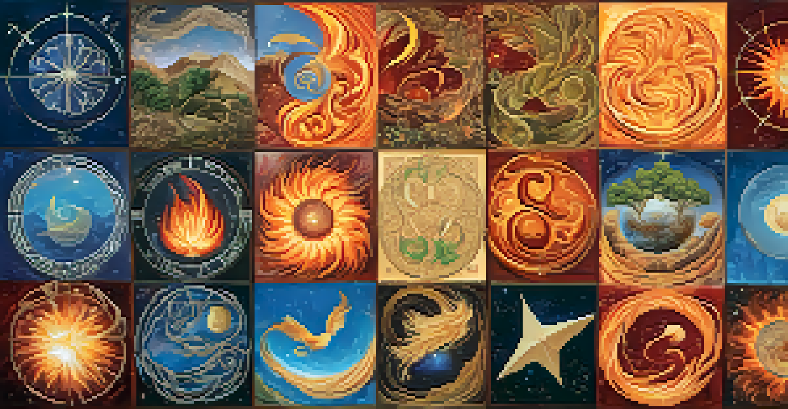 A colorful collage featuring the twelve astrological signs, each symbol surrounded by elements representing fire, earth, air, and water.