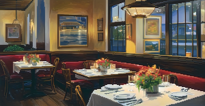 A cozy bistro setting in Santa Monica featuring wooden tables, flower arrangements, and candlelight, with a plate of homemade pasta and a glass of red wine.