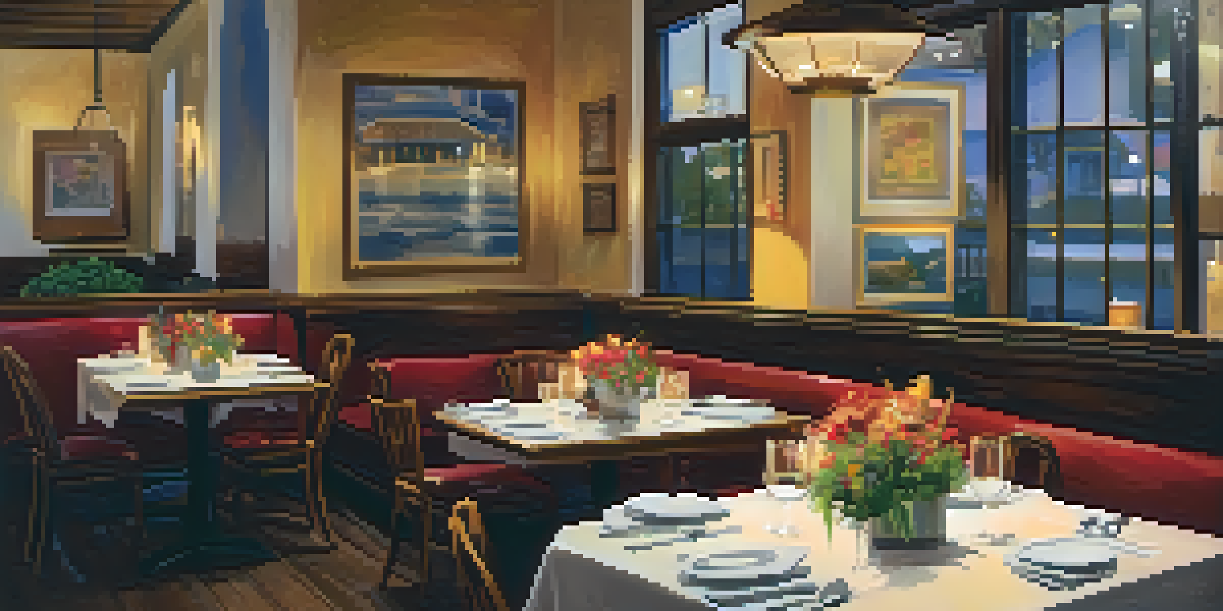 A cozy bistro setting in Santa Monica featuring wooden tables, flower arrangements, and candlelight, with a plate of homemade pasta and a glass of red wine.