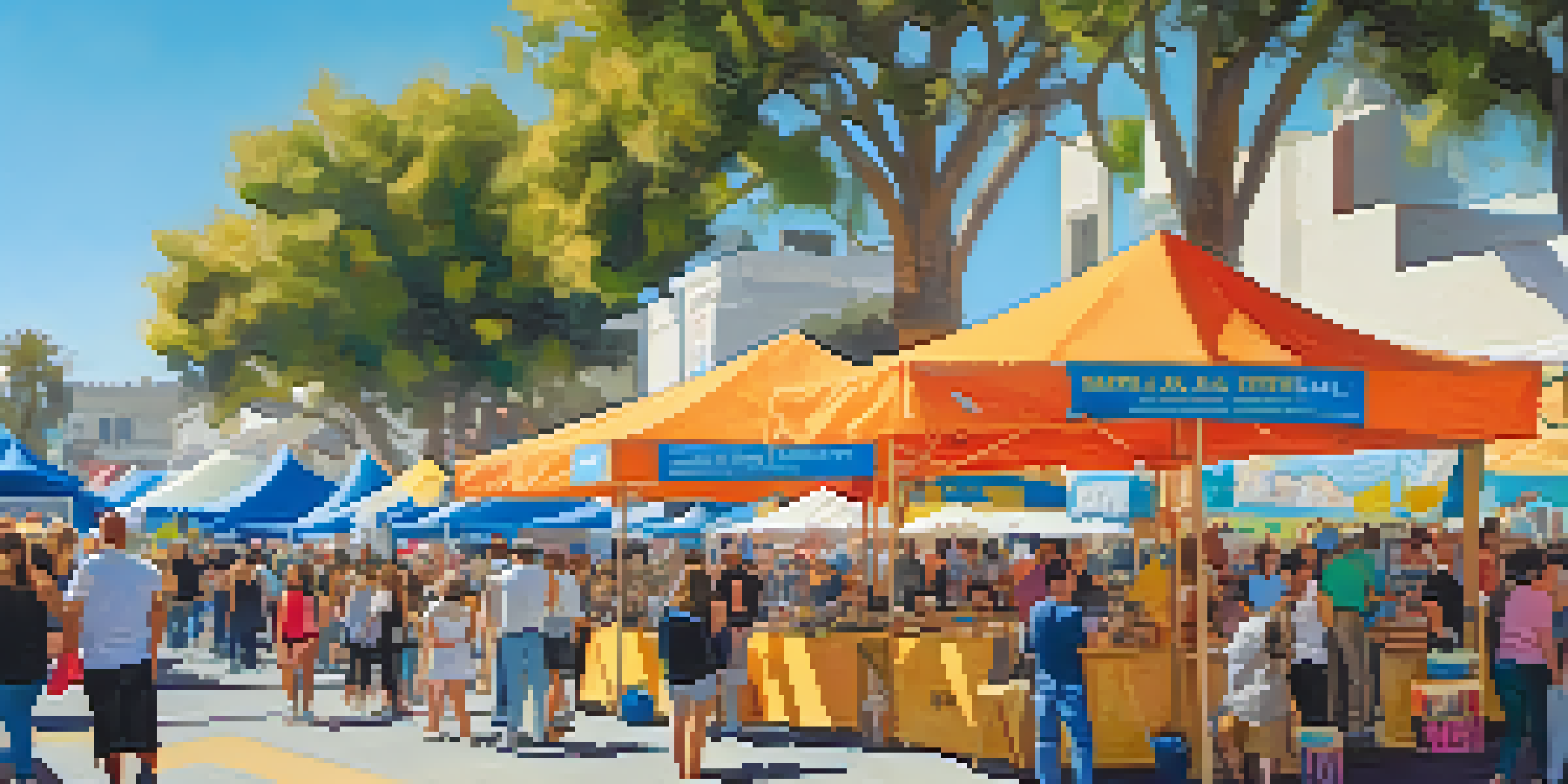 A lively arts festival scene in Santa Monica with colorful art booths, local artists, families enjoying music, and food vendors.