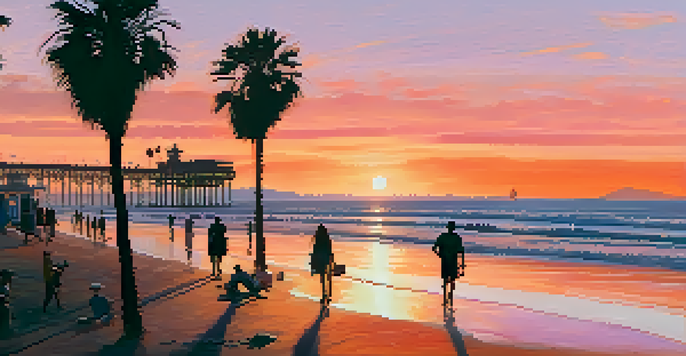 A beautiful sunset over Santa Monica Beach with the pier in the background and people walking along the shore.