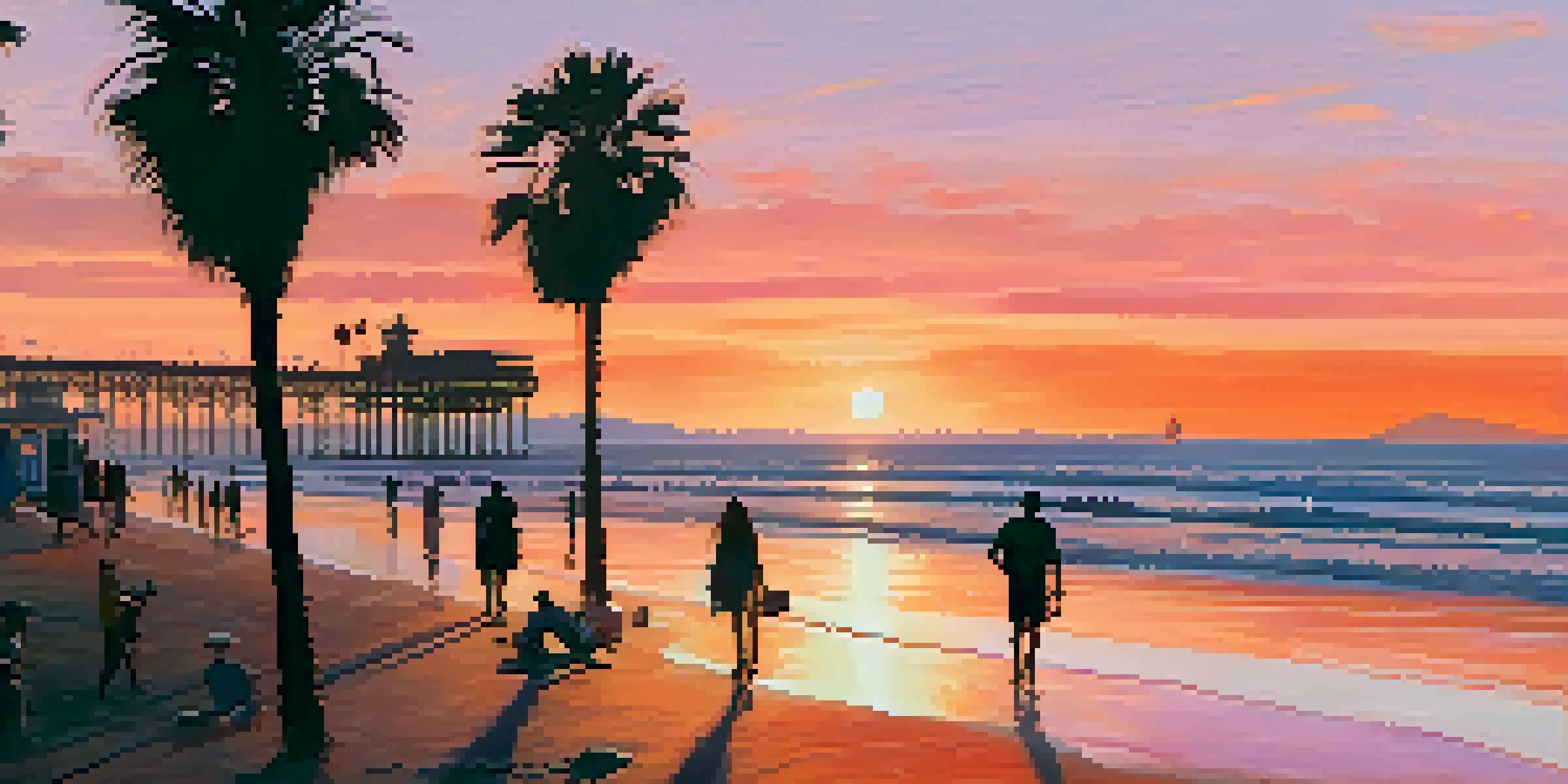 A beautiful sunset over Santa Monica Beach with the pier in the background and people walking along the shore.