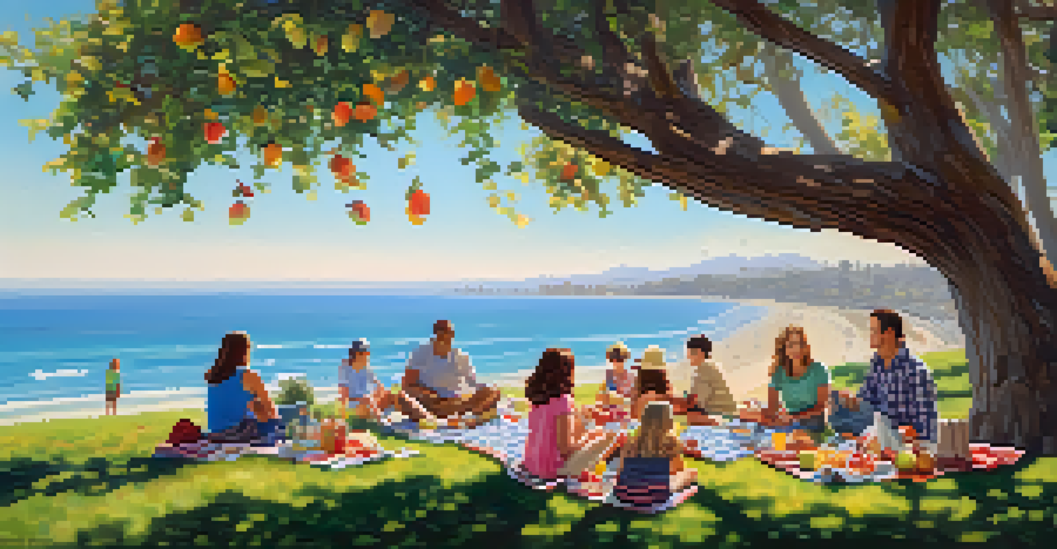 A family enjoying a picnic at Palisades Park in Santa Monica, with a checkered blanket, food, and ocean views in the background.