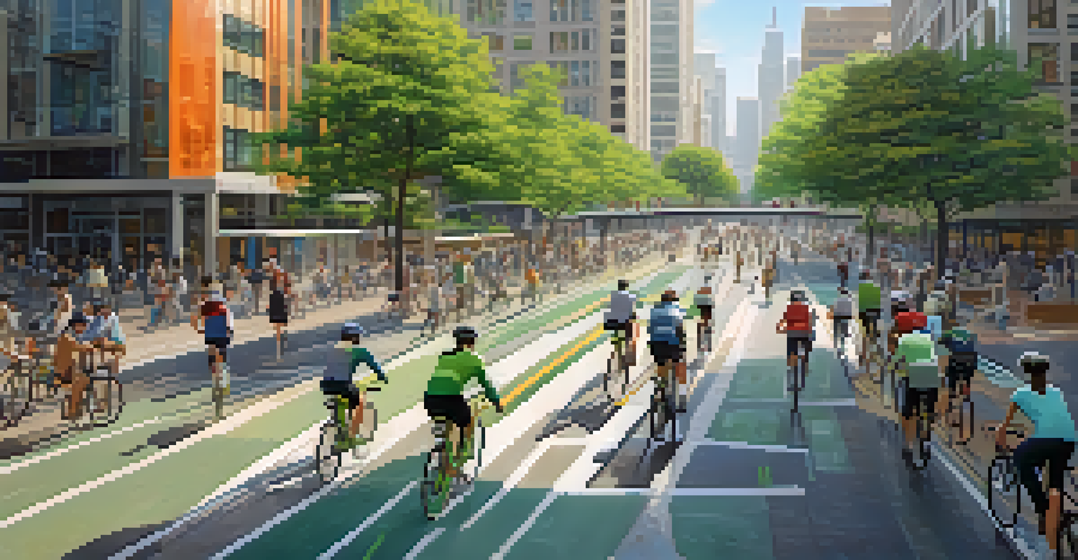 An aerial view of a city showing bike lanes and bike-sharing stations with cyclists and modern buildings.