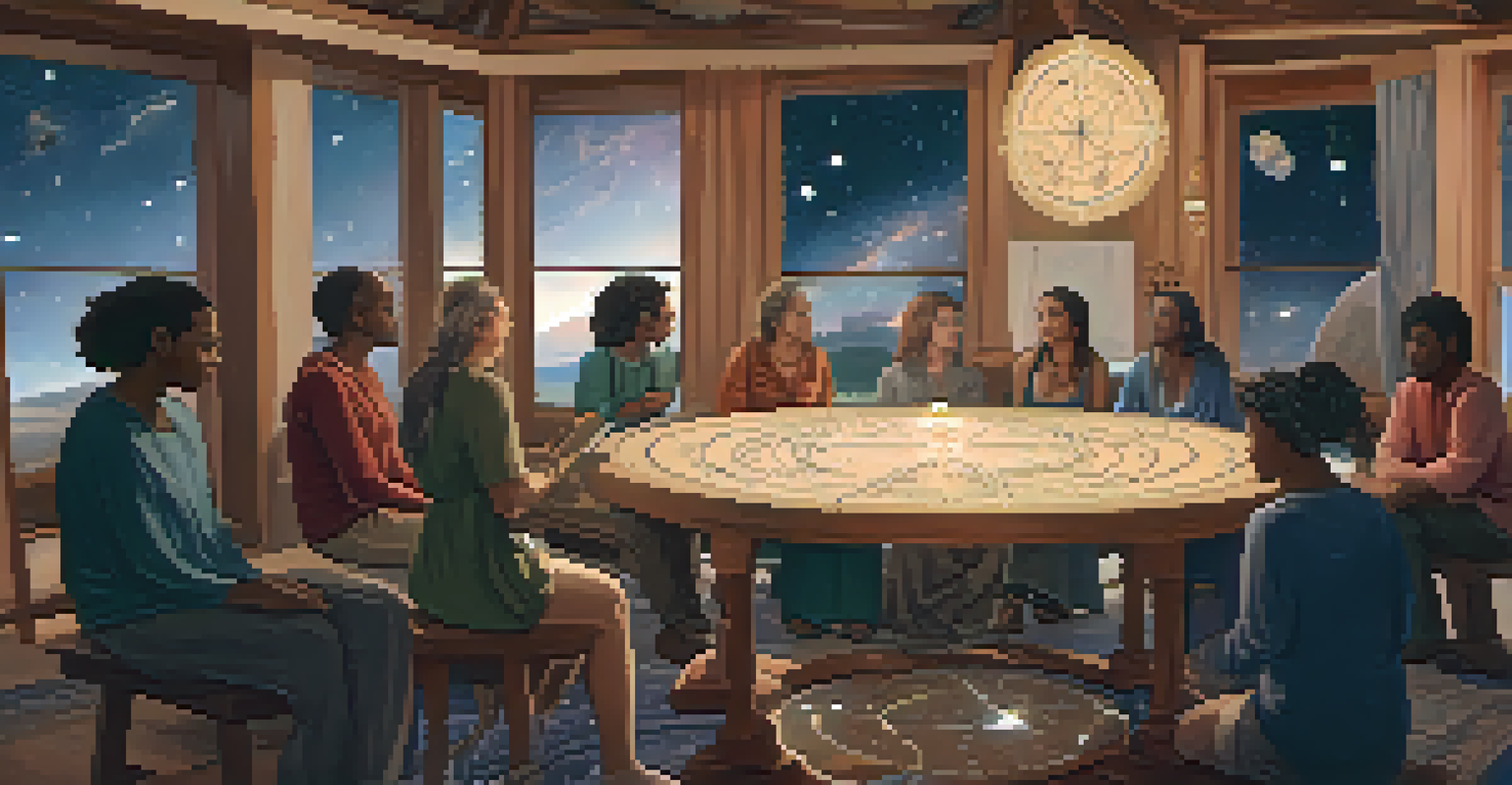 A warm and inviting astrology workshop with participants sitting in a circle and an astrologer presenting a birth chart.