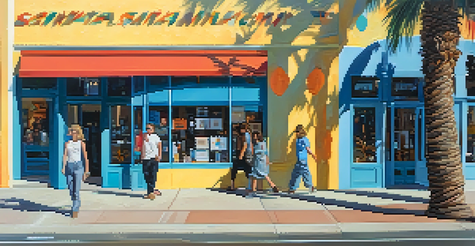 A sunny street view of The Art of Santa Monica gallery showcasing local art in the windows, with pedestrians and palm trees.