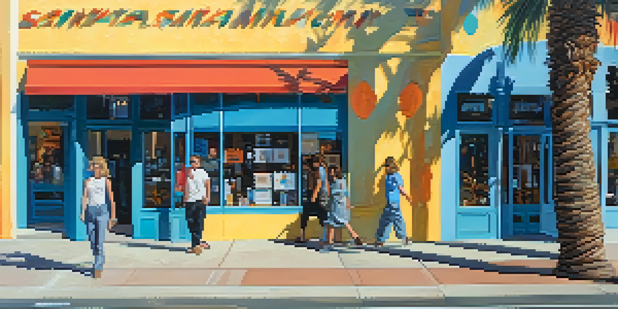 A sunny street view of The Art of Santa Monica gallery showcasing local art in the windows, with pedestrians and palm trees.