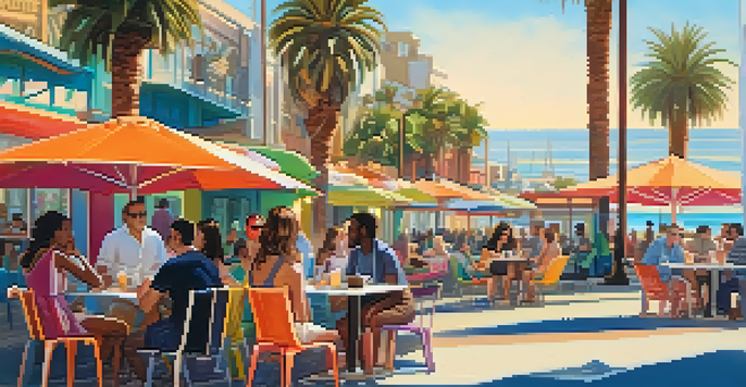 A diverse group of podcast hosts engaging in conversation at an outdoor café in Santa Monica, with colorful murals and palm trees around them.